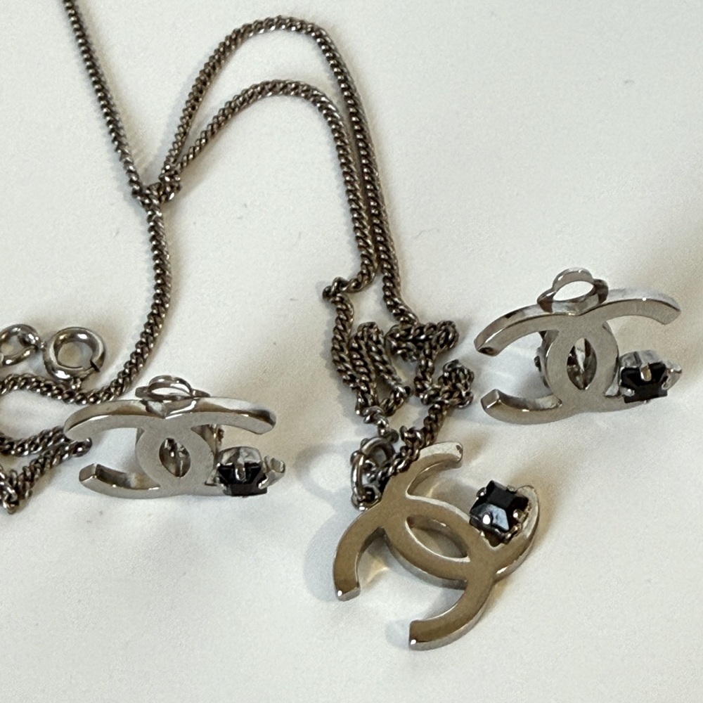 Chanel silver & black stone earrings and necklace set